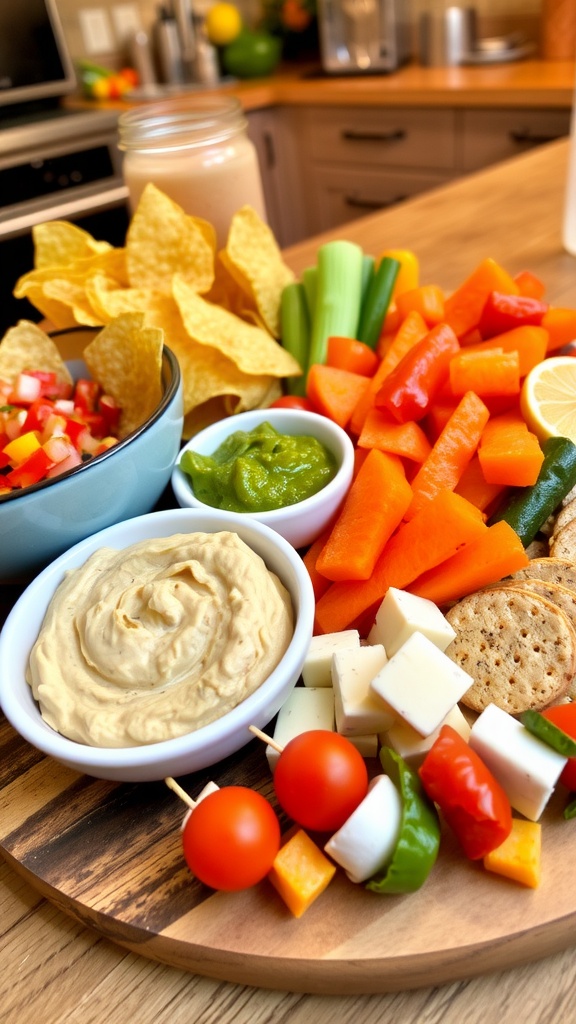 A variety of quick and easy snacks including tortilla chips, salsa, guacamole, veggies, cheese cubes, and caprese skewers on a wooden platter.